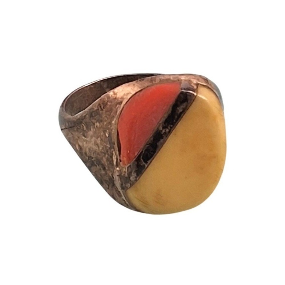 Vintage Southwestern Mens Signet Ring Silver Tone Inlay Cream Coral Size 10